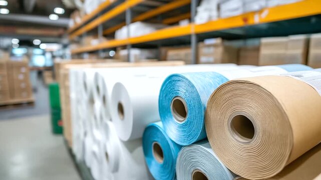Paper products warehouse with rolls and sheets organized by grade and weight specifications moisture control systems and fire prevention equipment supporting printing and