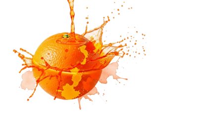Orange is splashed by orange juice, creating a vibrant display of liquid and citrus on a isolated background.
