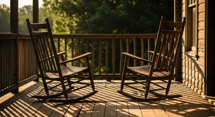 Two wooden rocking chairs on a porch, sunlight