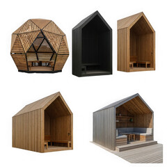 Collection of modern wooden outdoor shelters and gazebos with unique architectural designs isolated on transparent background