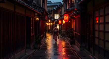 Obraz premium Elegant geisha walks down atmospheric Kyoto street at dusk, illuminated by traditional glowing lanterns and reflections on wet cobblestones