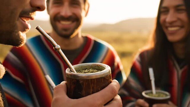 Close up Argentine yerba mate shared metal straw cinematic UHD handheld South American tea lifestyle stock video. infusion bombilla argentina beverage drinkware cinematic
