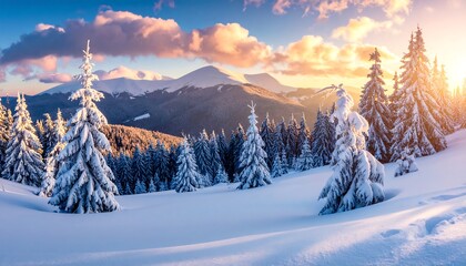 A breathtaking winter landscape showcases snow-covered evergreen trees on a snow-dusted hillside, bathed in the warm glow of a vibrant sunset.