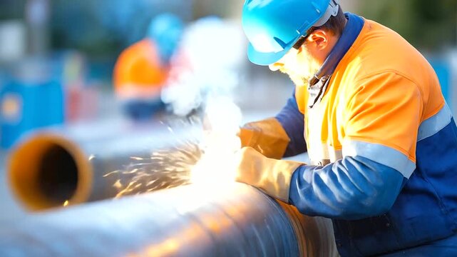 Pipeline construction workers welding large diameter steel pipes with specialized equipment safety protocols and environmental protection systems managing energy infrastructure
