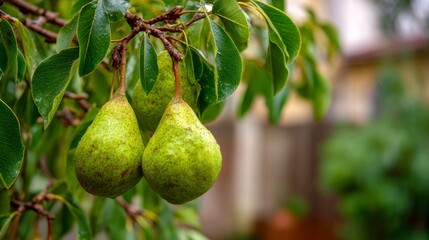 Green pears on tree