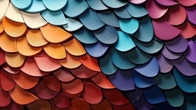 Chromatic Mosaic: A vibrant, textured display of overlapping, petal-shaped tiles in an artistic arrangement, a symphony of color, captivating and visually dynamic.