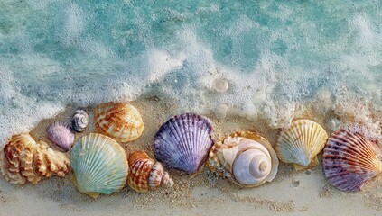 Assorted colorful seashells resting on a sandy beach with gentle ocean waves washing ashore.