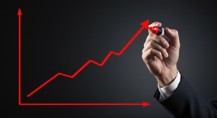 A businessman's hand uses a red marker to draw an upward trending line graph, symbolizing growth, success, and positive financial results