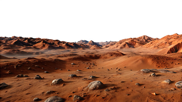 Martian Landscape with Red Dunes, Rocks, and Distant Mountains mars red planet Cutout PNG isolated on a transparent background