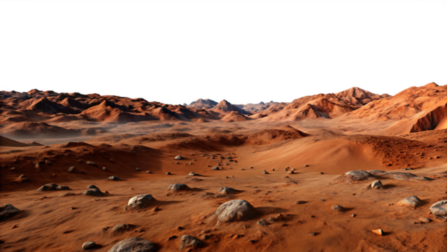 Martian Landscape with Red Dunes, Rocks, and Distant Mountains mars red planet Cutout PNG isolated on a transparent background