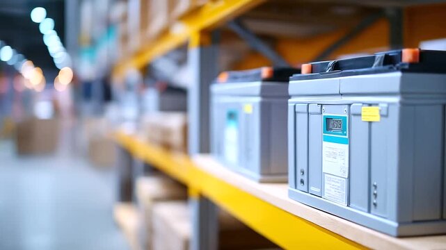 Battery storage warehouse with lithium ion cells and energy storage systems specialized fire suppression equipment and thermal monitoring ensuring safe handling of energy storage