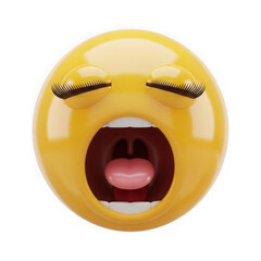 A 3d rendering of a yellow emoji face yawning widely, isolated on a transparent background