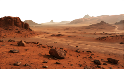 Expansive Martian Desert with Red Rocks, Dirt Road, and Mountains mars martian landscape Cutout PNG isolated on a transparent background