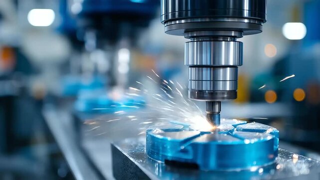 CNC machining centers with cutting tools and automated tool changers precision manufacturing equipment with coolant systems and chip management creating sparks and metal shavings