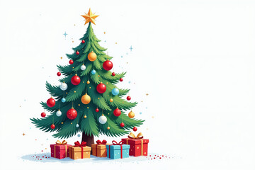 Obraz premium A festive Christmas tree adorned with ornaments, a star, and surrounded by colorful gifts on a white background.