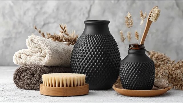 A serene display of dark-toned decorative objects and soft towels.