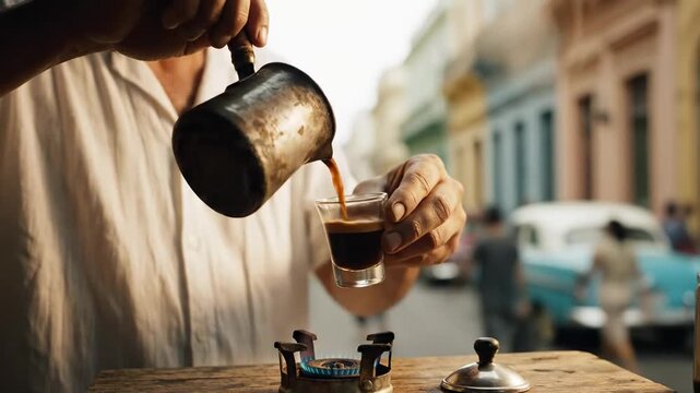 Cuban street vendor preparing cafecito small metal pot cinematic UHD authentic Latin American coffee lifestyle stock footage. havana merchant brewing beverage tiny metallic kettle