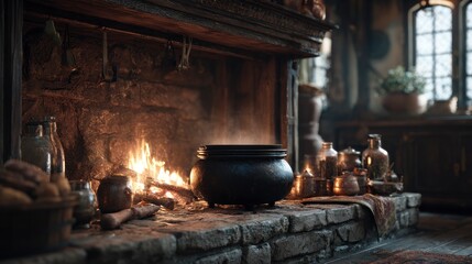 Old fireplace with cauldron