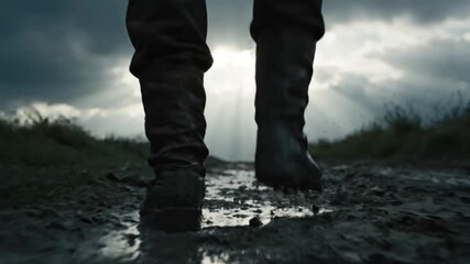 A low-angle shot of a person's feet in muddy boots walking on a rough, muddy road.