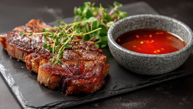 Delicious Grilled Steak Served with Spicy Red Sauce and Fresh Greens on Slate.