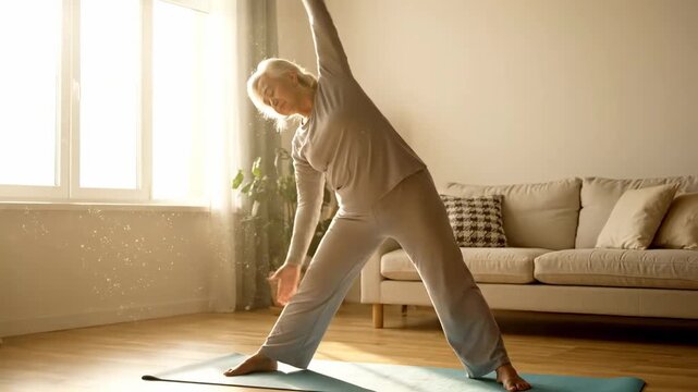 Elderly woman practicing yoga stretches mat cinematic UHD wellness lifestyle stock footage. senior female doing asana exercise rug filmic ultra high definition wellbeing existence