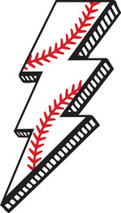 Baseball Lightning Bolt – Sports Vector Art - Lightning Bolt Filled with Baseball Stitch Pattern – Monochrome and Red Illustration