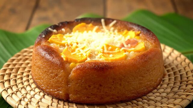 Filipino bibingka rice cake topped salted egg cinematic UHD authentic Southeast Asian dessert lifestyle stock footage. kakanin delicacy preserved yolk asia baked pudding ultra