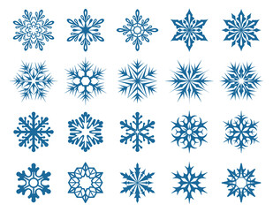 Snowflakes. Set of varied snowflakes. Design element for Christmas, New Years and Winter Holidays. Isolated blue silhouette on white background. Vector illustration