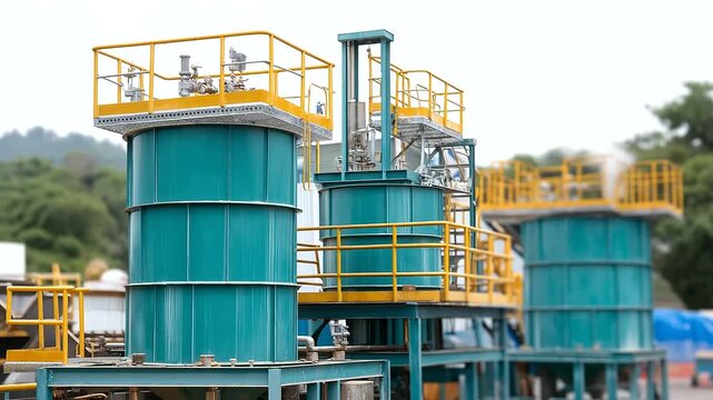 Gold mining facility with cyanide leaching tanks and ore processing equipment precious metal recovery systems and environmental protection measures managing extraction operations