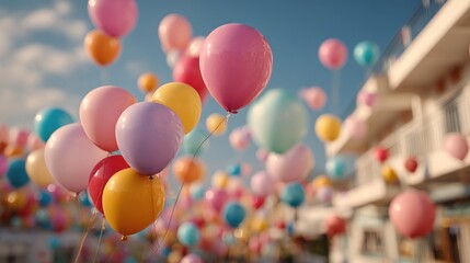 Festive celebration scene with colorful balloons against a serene sky