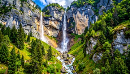 Majestic waterfall cascading down rocky cliffs, surrounded by lush green forests and vibrant foliage, showcasing a breathtaking natural landscape.