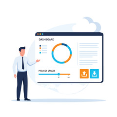 Businessman presenting a project management dashboard with data analytics.