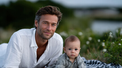 Fototapeta premium A beautiful capture of a father and his baby enjoying a gentle moment together on a blanket in nature, emphasizing the serene bond shared between parent and child.