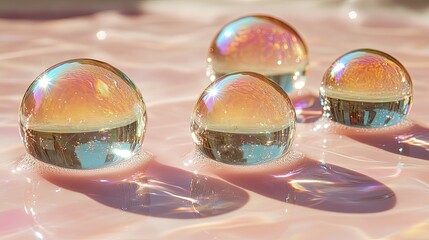 Abstract holographic glass spheres on glossy surface creating dreamy ethereal light