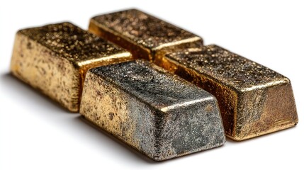 Four metal bars gold and silver on a white surface shiny and valuable.