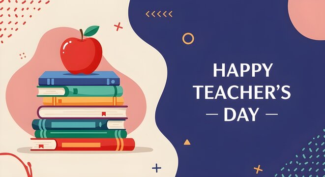 A stack of colorful books with a red apple on top and Happy Teacher's Day text in navy background.