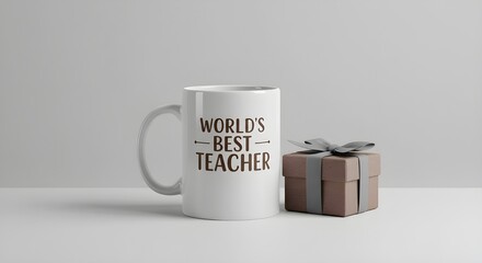 A white mug with the words 'World's Best Teacher' next to gift expresses appreciation and thoughtful present