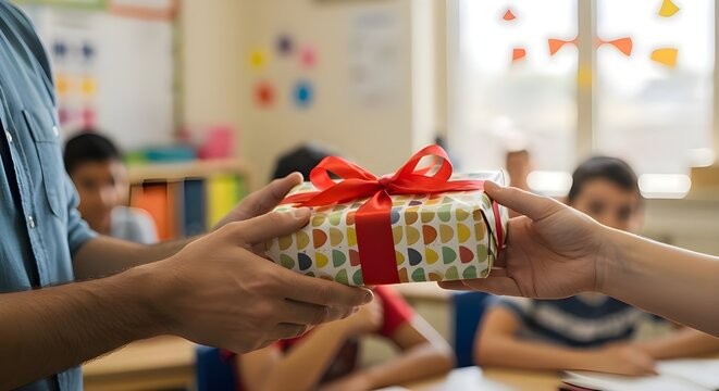 A teacher and student exchanging a colorful present wrapped with a vibrant red ribbon at the classroom.