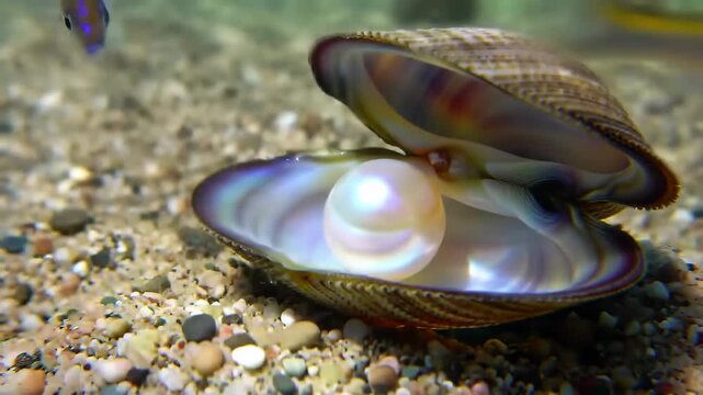 An exquisite single white pearl revealed in an open oyster shell resting on the sandy ocean floor