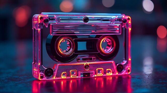 Retro transparent cassette tape with neon colorful lighting on reflective surface
