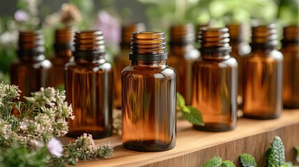 Aromatic essential oils in amber bottles displayed with natural herbal elements and plants