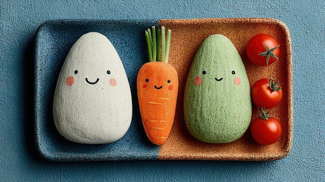 Cartoon vegetables with faces on a plate including carrot tomatoes and eggs.