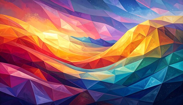 A vibrant, geometric landscape showcasing a range of colorful, triangular shapes that create an undulating mountain range.