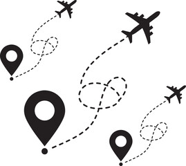Airplane flight path with location pin. Travel route concept with start and destination point. Aircraft flying on a dotted line. Journey or trip symbol.