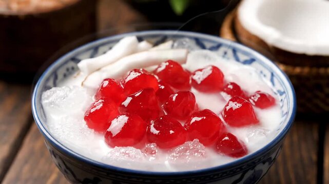Thai tub tim grob red rubies dessert coconut milk cinematic UHD authentic Southeast Asian dessert lifestyle stock footage. thailand water chestnut sweet treat ruby tropical