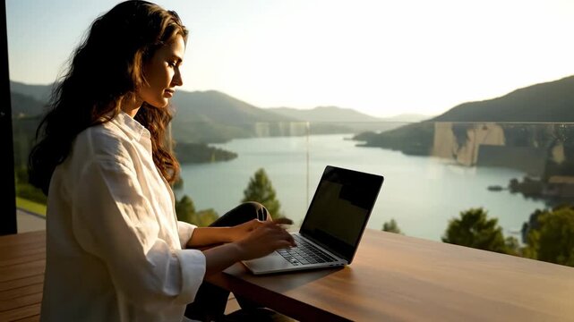 Traveler typing laptop while sitting balcony cinematic UHD handheld digital nomad lifestyle stock video. journeyer coding portable computer veranda filmic ultra high definition