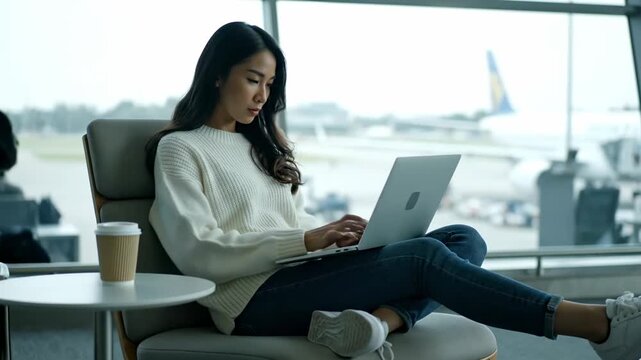 Traveler working laptop rooftop city skyline cinematic UHD handheld digital nomad lifestyle stock footage. journeyer job portable computer highrise vista filmic