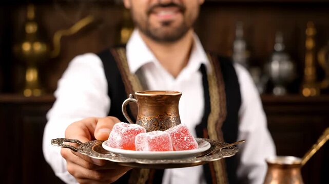 Turkish barista serving strong coffee sweet lokum cinematic UHD authentic Middle Eastern coffee lifestyle stock footage. ottoman server brewing potent beverage sugary confection