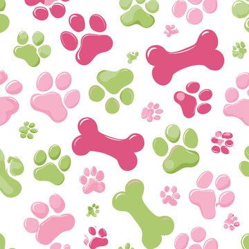 R&oacute;żowe i zielone ślady łap i kości psa - powtarzający się wz&oacute;r