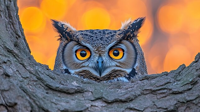 Close up portrait of great horned owl perched in a tree at sunset looking forward
